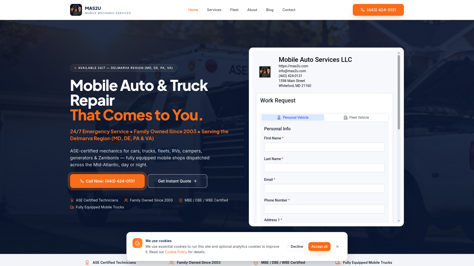 Screenshot of MAS2U Mobile Auto Services website