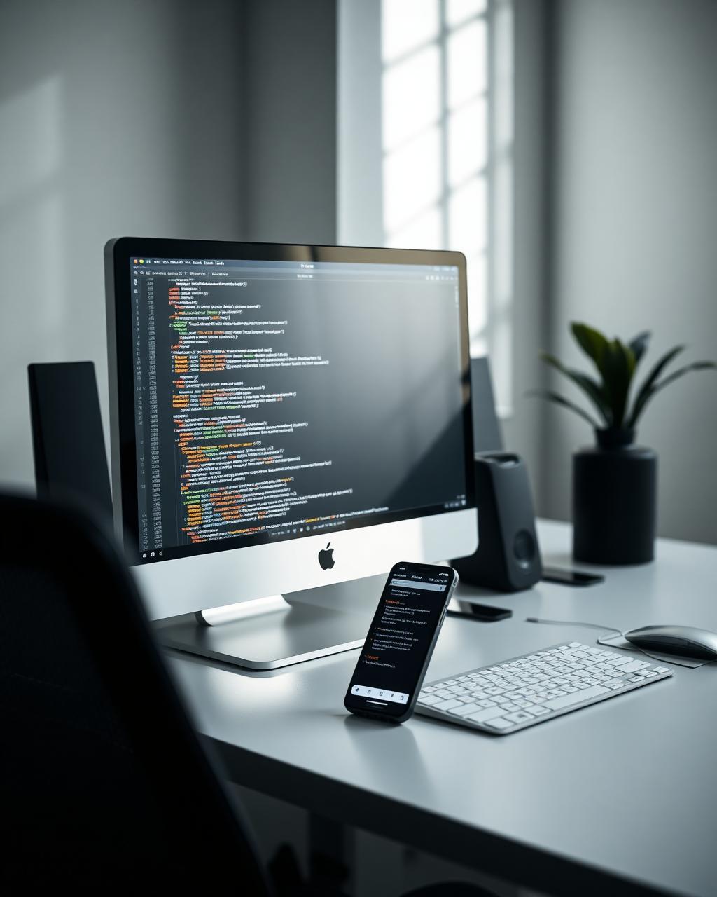 Modern workspace with a developer monitor showing website code and a smartphone running a business app